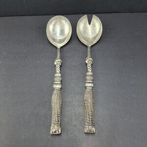 Silea Silver Plate Salad Serving Set Fork & Spoon Textured Rope Handle -Italy